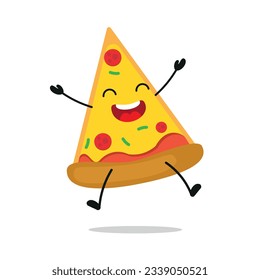 Cute happy pizza character. Funny celebration jump pie cartoon emoticon in flat style. food emoji vector illustration