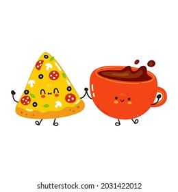 Hübsche Pizza und Kaffeetasse. Vektor handgezeichnet doodle Stil Cartoon Zeichentricksymboldesign. Karte mit süßer Pizza und Kaffeetasse, Freundschaftskonzept