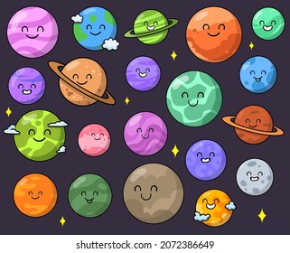 Cute happy planet cartoon characters sticker set. Collection of drawings of different colorful planets of solar system with faces vector illustrations. Space, astronomy, astrology, education concept