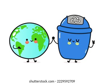 Cute happy planet Earth and trash can card. Vector hand drawn doodle style cartoon character illustration icon design. Happy cute planet Earth and trash can Eco friendly concept card