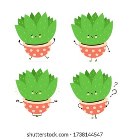 Cute happy plant in pot character set collection. Isolated on white background. Vector cartoon character illustration