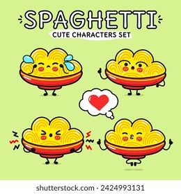 Juego de paquetes de personajes de Plate of Spaghetti. Vector dibujado a mano estilo doodle dibujo animado ilustración de carácter icono diseño. Fondo verde aislado. Lindo plato de la colección de mascotas de espagueti