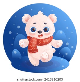 El feliz oso polar lindo con bufanda. Ilustración vectorial al estilo de las caricaturas. Pequeño carácter animal. Colección para niños. Día del oso polar de vacaciones