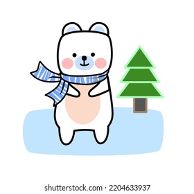 Cute happy polar bear wearing a blue scarf,  Christmas Tree, vector cartoon.
