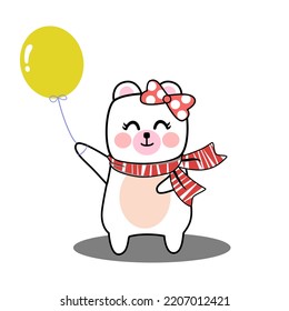 Cute happy polar bear wearing a red scarf, holding a yellow balloon, vector cartoon.