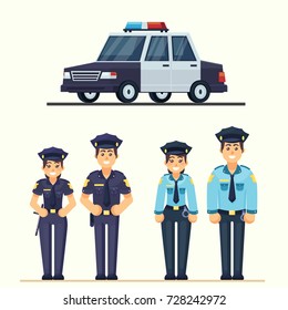 Cute happy police man and woman agents working in uniform Vector officer with car in flat style eps10