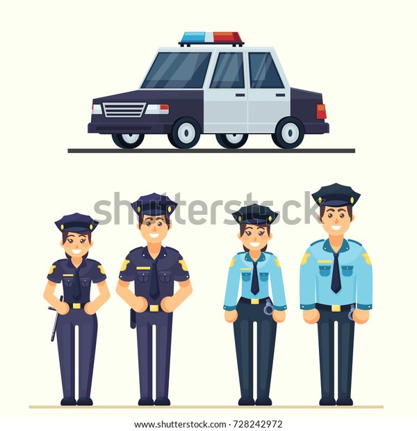 Cute happy police man and\
woman agents working in uniform Vector officer with car in flat\
style eps10