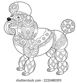 Cute happy poodle dog. Adult coloring book page in mandala style