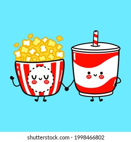 Cute happy popcorn and cold drink. Isolated on blue background. Cartoon character illustration design, simple flat style. Popcorn and cold drink friends concept