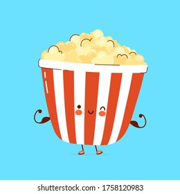 Cute happy popcorn show muscle character. Vector cartoon character hand drawn style illustration