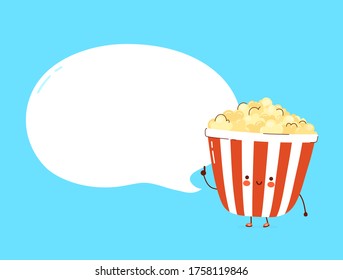 Cute happy popcorn with speech bubble character. Vector cartoon character hand drawn style illustration