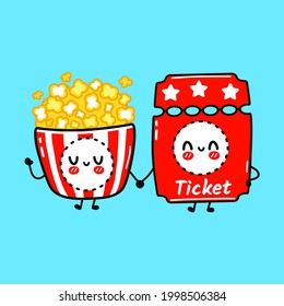 Cute happy popcorn and ticket. Isolated on blue background. Cartoon character illustration design, simple flat style. Popcorn and ticket friends concept