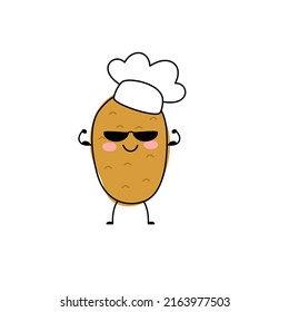 Cute happy potato character chef. Vector flat cartoon character illustration icon. Concept potato farm vegetable. Isolated on white background.