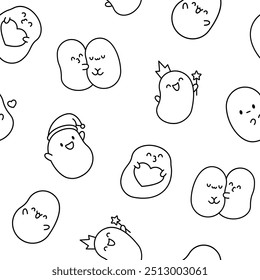 Cute happy potato character. Seamless pattern. Coloring Page. Cartoon kawaii food with funny face. Hand drawn style. Vector drawing. Design ornaments.