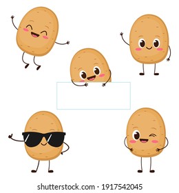 Cute happy potato character set. Funny vegetable emoticon in flat style. Cartoon brown potato vector illustration