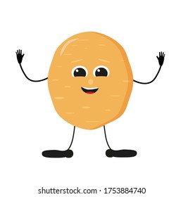 Cute happy potato characters. Vector flat illustration isolated on white background. Doodle character cartoon potato. Vegan vector icon. Vegetarian food. Funny cartoon character.