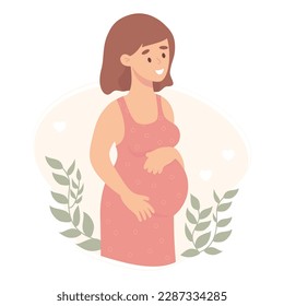 Cute happy pregnant girl. Vector illustration. Future beautiful mother in flat cartoon style.