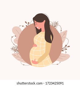 Cute happy pregnant woman. Beautiful young girl waiting for baby. Vector flat Illustration.