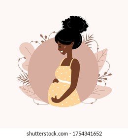 Cute happy pregnant woman. Beautiful african girl waiting for baby. Modern vector Illustration in flat style.