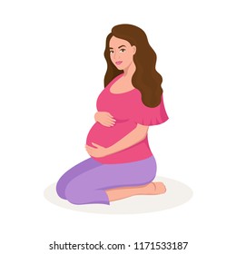 Cute happy pregnant woman isolated on white background vector flat illustration.