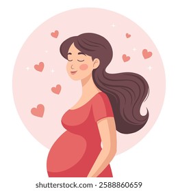 Cute happy pregnant woman with long hair, future mom. Flat style illustration