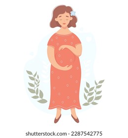 Cute happy pregnant woman. Vector illustration. Future mother in flat cartoon style full length. Concept of pregnancy and motherhood.