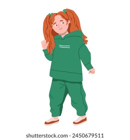 Cute happy preschooler waving, Smiling friendly child, redheaded girl with two ponytails. Flat vector illustration on white background.