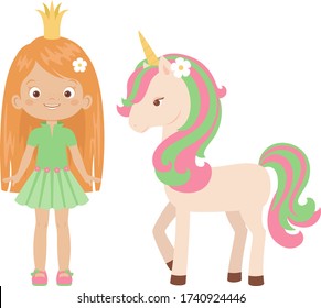 Cute happy princess standing with unicorn. Fairy tale illustration for children's book. Cartoon illustration isolated on white. Vector art