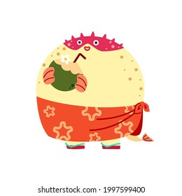 A cute happy puffer fish drinking coconut juice cartoon character for children scrapbook decorating isolated flat vector illustration. Hello summertime. Happy vacation on the beach.