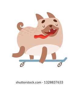 Cute Happy Pug Dog Riding Skateboard, Funny Friendly Animal Pet Character Vector Illustration