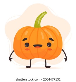 Cute happy pumpkin character. Funny vegetable emoticon. Vector isolated illustration in cartoon flat style.