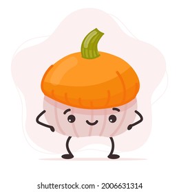 Cute happy pumpkin character with hat. Funny vegetable emoticon