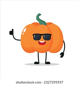 Cute happy pumpkin character wear sunglasses. Funny pumpkin greet friend cartoon emoticon in flat style. vegetable emoji vector illustration