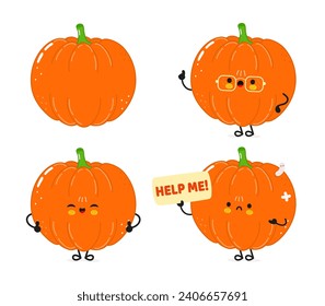 Juego de paquetes de caracteres de calabaza alegres. Diseño de iconos de ilustración de caricaturas con estilo de doodle dibujado a mano por vectores. Colección de caracteres de mascota de calabaza mate