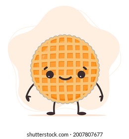 Cute happy pumpkin pie character. Funny emoticon, Thanksgiving symbol. Vector isolated illustration for kids