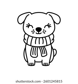 Cute Happy Puppy Little Dog Pet Animal Cartoon Character Wearing Scarf in Line Art Style