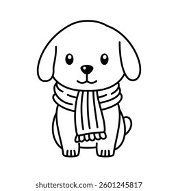 Cute Happy Puppy Little Dog Pet Animal Cartoon Character Wearing Scarf in Line Art Style
