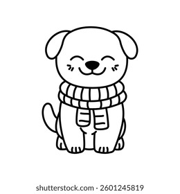 Cute Happy Puppy Little Dog Pet Animal Cartoon Character Wearing Scarf in Line Art Style