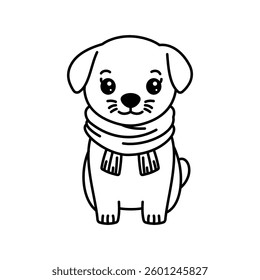 Cute Happy Puppy Little Dog Pet Animal Cartoon Character Wearing Scarf in Line Art Style