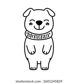 Cute Happy Puppy Little Dog Pet Animal Cartoon Character Wearing Scarf in Line Art Style
