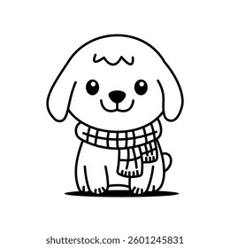 Cute Happy Puppy Little Dog Pet Animal Cartoon Character Wearing Scarf in Line Art Style