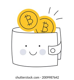 Cute happy purse is full bitcoins  Crypto wallet  cryptocurrency coins concept  Thin line kawaii vector illustration white background 