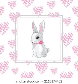 Cute happy rabbit in a frame with pink hearts. Design for scrapbook. Vector