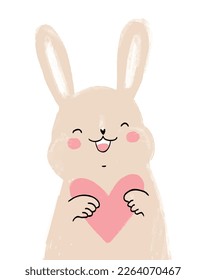 Cute Happy Rabbit. Hand Drawn Vector Illustration with Funny Bunny Holding Pink Heart isolated on a White Background. Valentine's Day Print with Lovely Rabbit ideal for Card, Greeting,Wall Art,Poster.