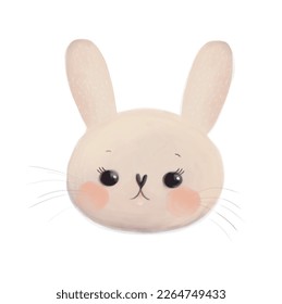 Cute Happy Rabbit. Hand Drawn Easter Vector Illustration with Funny Baby Bunny on a White Background. Easter Holidays Print with Lovely Little Rabbit ideal for Card, Greeting, Banner. Baby Bunny Head.