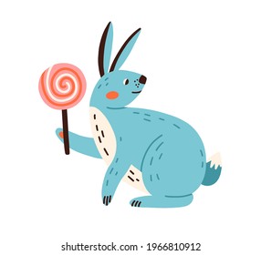 Cute happy rabbit with lollipop. Smiling bunny with lollypop. Funny long-eared hare holding lolipop in paw. Colored flat vector illustration isolated on white background