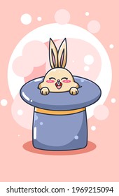 Cute and happy rabbit on magic hat animal cartoon illustration