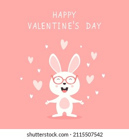 Cute happy rabbit on pink background with hearts, Happy Valentines Day. Happy bunny with glasses. Cartoon illustration can be used for holiday card, children's clothing design and banners
