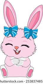 Cute happy rabbit with ribbon kawaii vector bunny character mascot