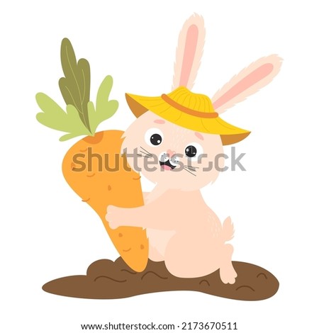 Cute happy rabbit in vegetable garden bed with big carrots. Harvesting, funny farmer. Vector illustration for kids collection, postcards, design and decoration of agricultural harvest themes